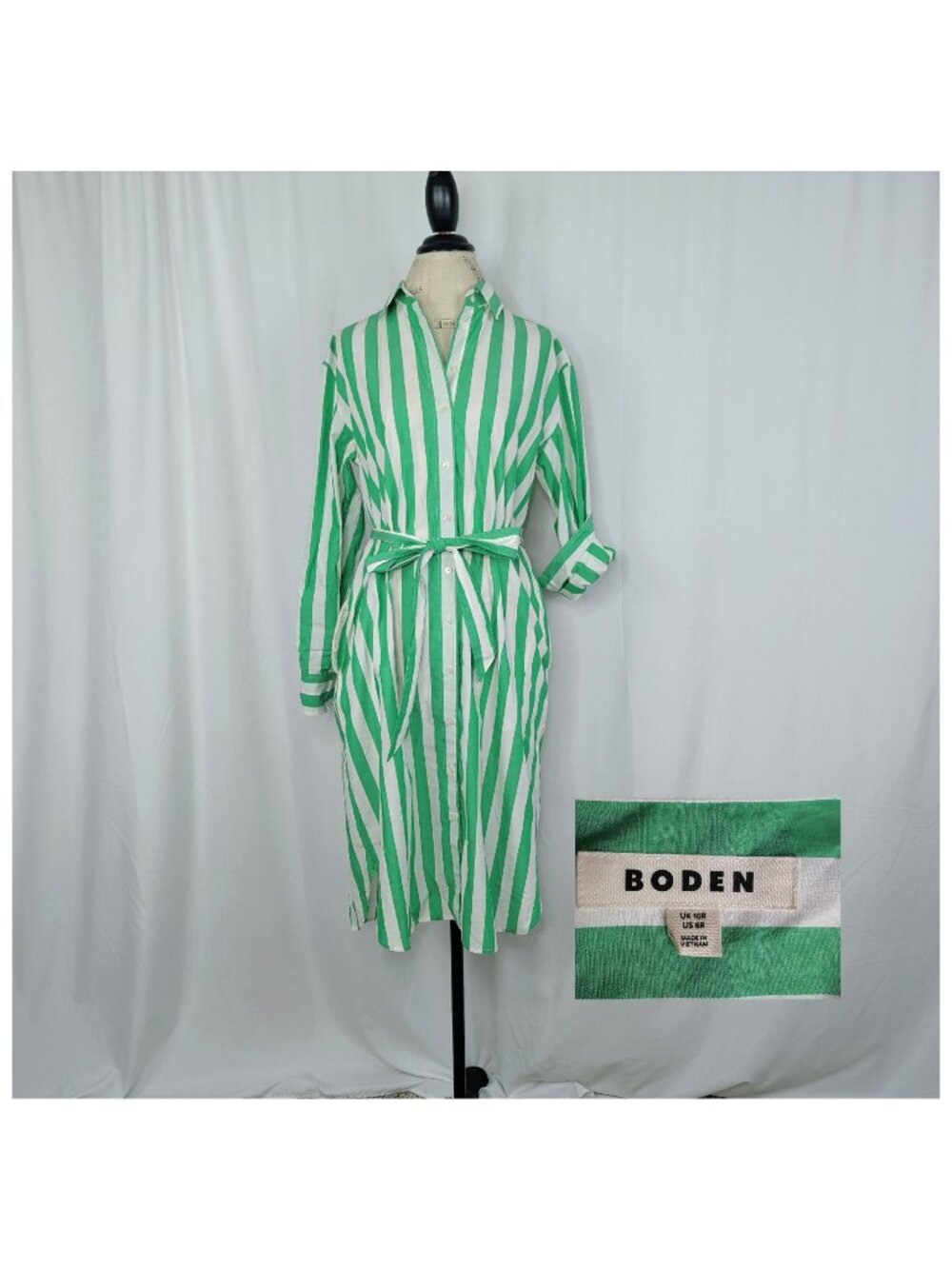 Boden Stripe Green Dress 6 Small Shirt Long Sleeve